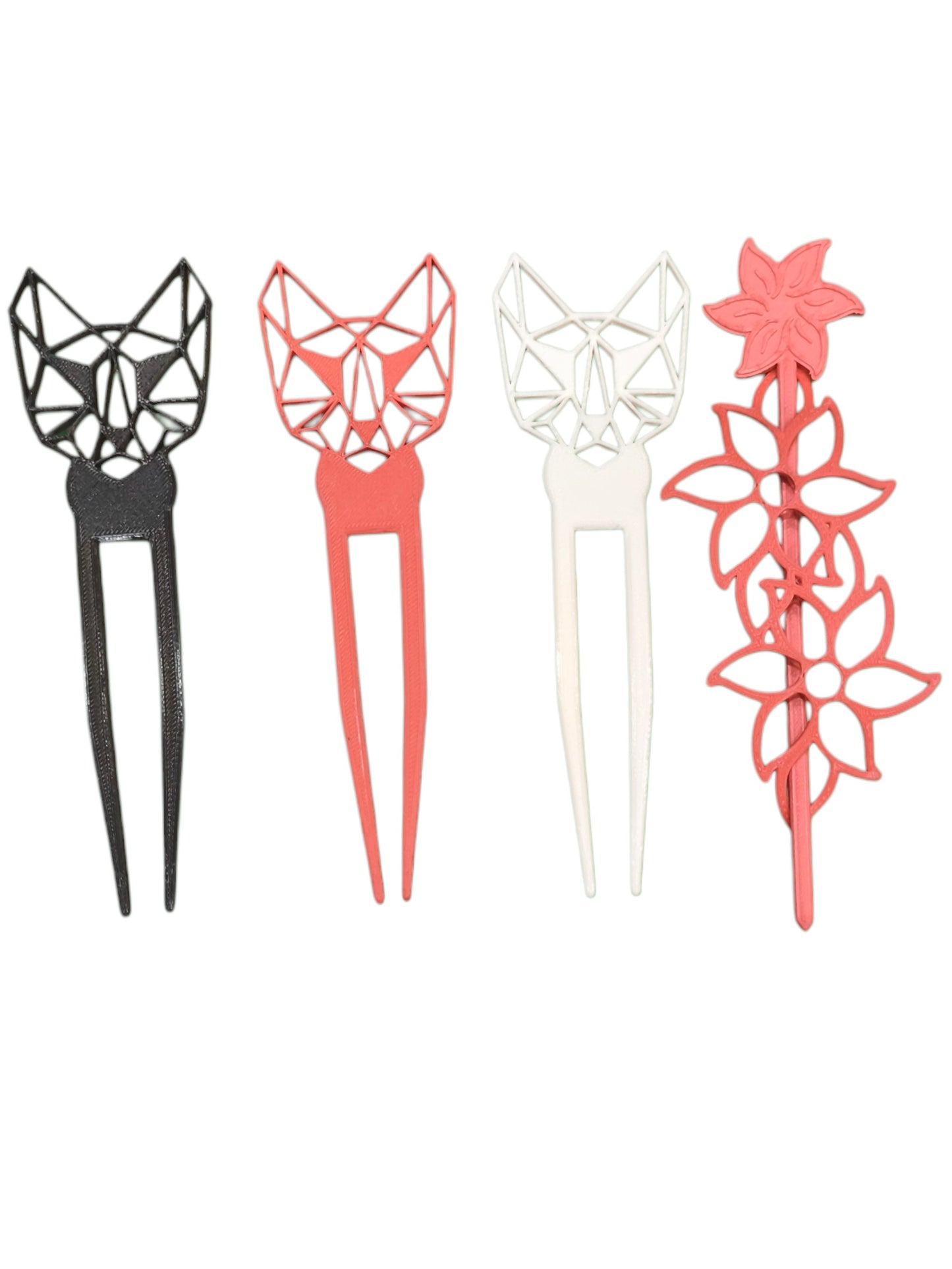 4x 3D Printed Hair Forks - Geometric Fox & Floral Designs Lightweight Hair Pins