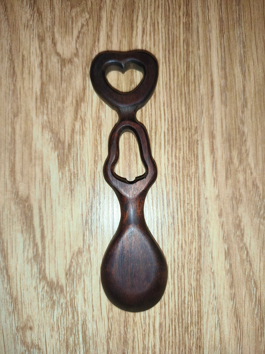 Vintage Hand-Carved Wooden Welsh Love Spoon – Heart & Bell Folk Art Decor
