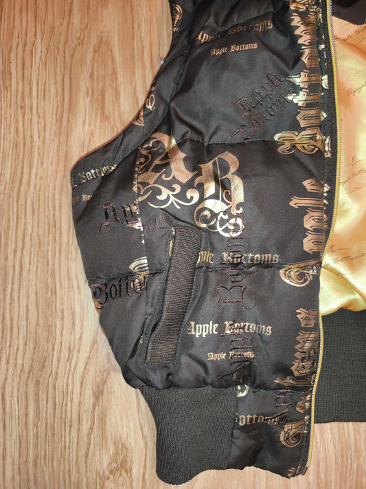 Rare VTG Apple Bottoms Real Down Puffer Vest Black Gold Satin McBling Hooded M