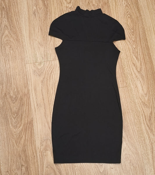 Women Black Bodycon Mini Dress Mock Neck Cutout Lattice Yoke Cap Sleeve Party S