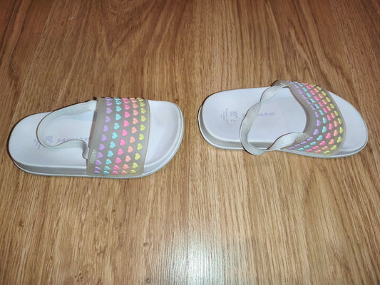 Primark Girls Rainbow Pastel Heart Sliders with Elastic Heel Strap – White (Size EU 24 / UK 7)