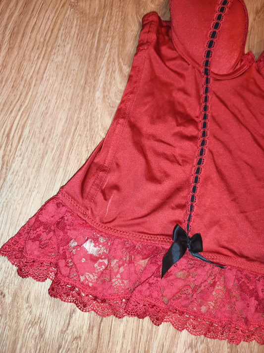 Lovehoney Lingerie Red Lace Corset Bustier Camisole – Black Bows & Hook-Eye Back, Size M