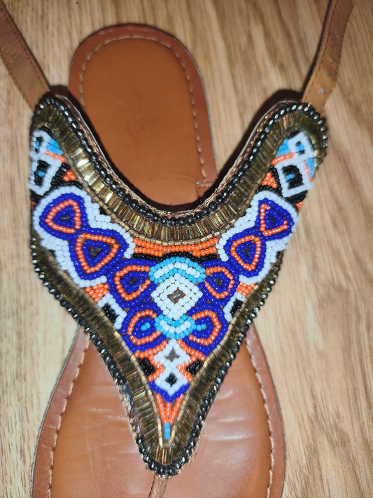 Women's Boho Vibrant Beaded Ankle-Strap Flat Sandals – Brown / Multicolor (Size EU 38 / UK 5)