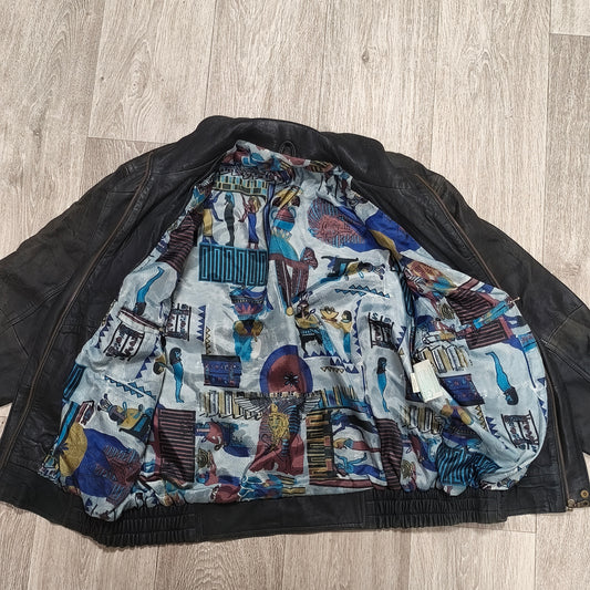 Vintage Black Leather Bomber Jacket Egyptian Art Lining Size 52