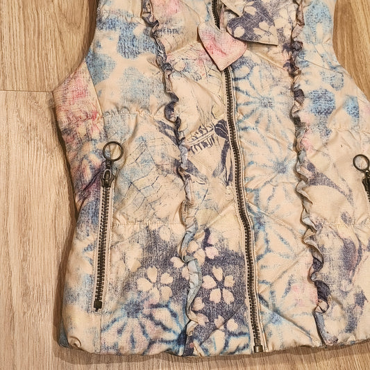 DAITE Womens Hooded Puffer Vest Faux Fur Trim Floral Skull Y2K Size UK 12 EU 38