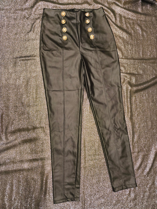 Made in Italy Black Faux Leather High Waisted Sailor Pants Gold Buttons Size M