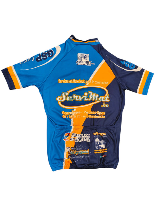 Vintage Team Sport & Sante Cycling Jersey ServiMat Belgium Blue Short Sleeve