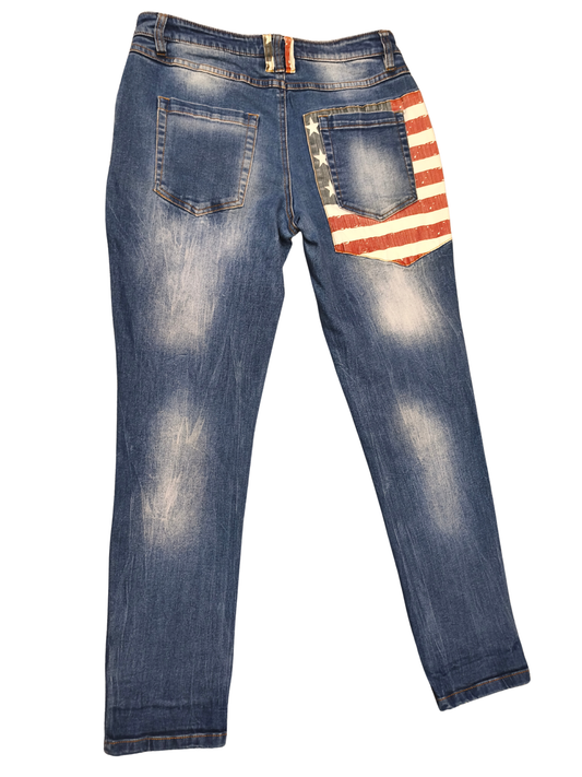 RAINBOW Boyfriend Jeans Blue Distressed American Flag Stars Stripes Size EUR 38