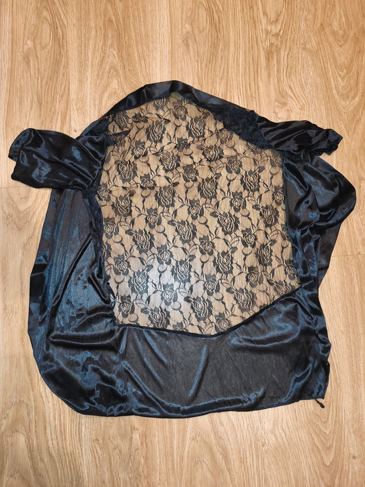 Vintage Style Black Satin & Lace Sheer Back Robe / Kimono Lingerie – Size M