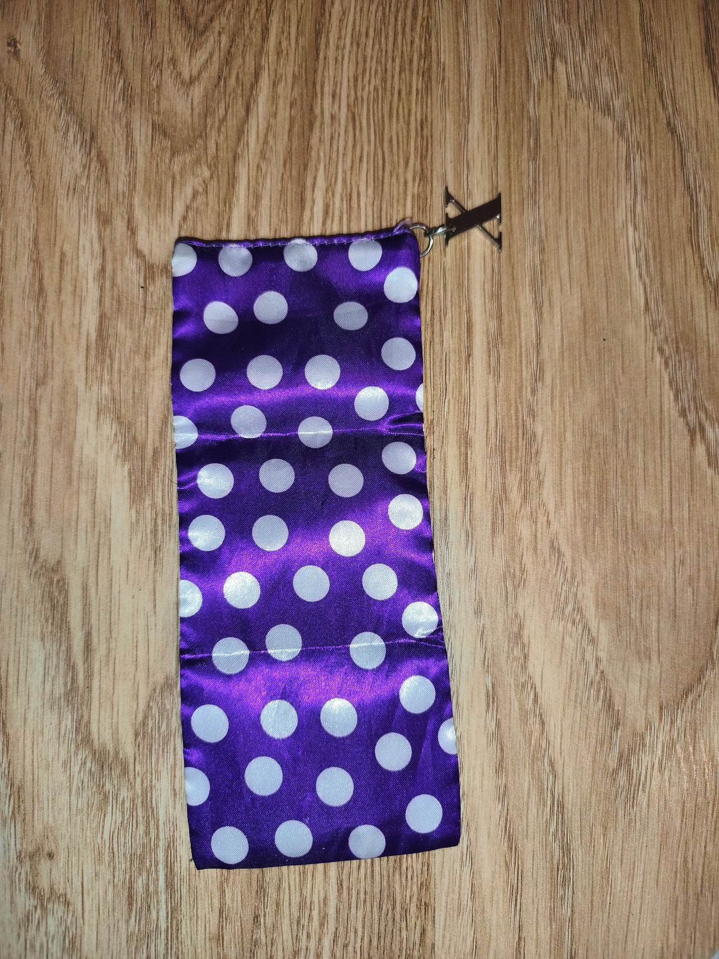 Purple Satin Polka Dot Multi-Purpose Zipper Pouch with Initial Charm