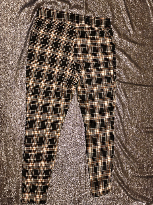 NEXT Women’s Plaid Checked Trousers Size 12R Black Tan White Tapered Zip Detail