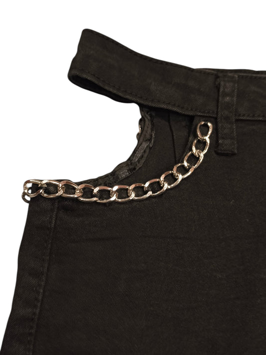 Black Denim-Look Mini Skirt with Hip Cutouts and Silver Chain Detail - Size S