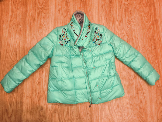 Qi Hong Yun Embellished Puffer Jacket - Mint Green/Teal Gem Accent (Size XXL / fits L-XL)