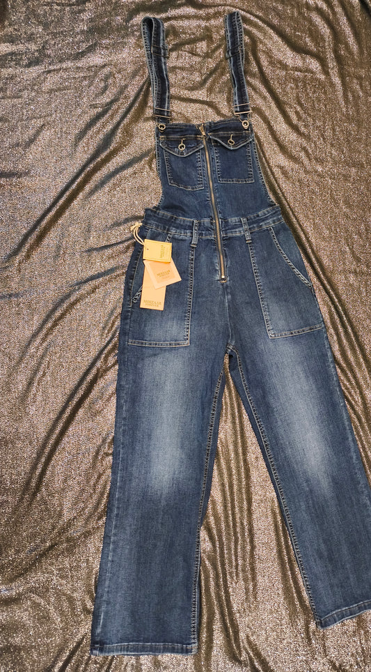 Mozzaar Forever Denim Overalls Jumpsuit Wide Leg Stretch Blue Bib Dungarees NWT