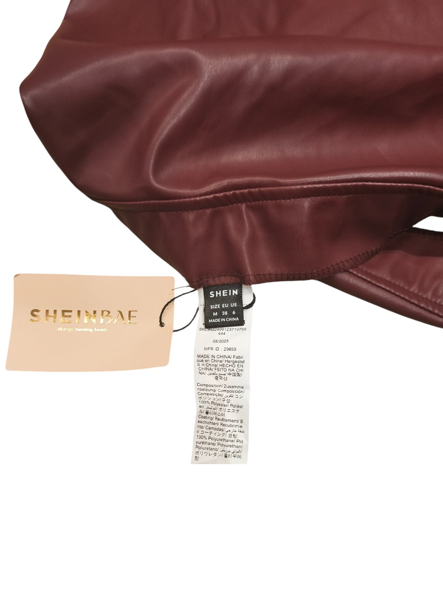 SHEINBAE Burgundy Faux Leather Ruched Mini Skirt - Size Medium M (US 6) - NWT