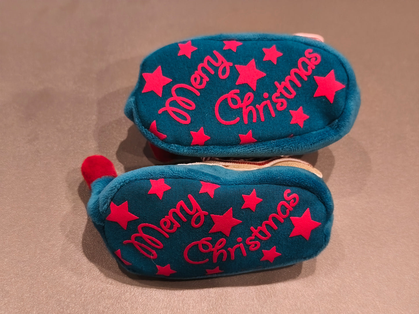 Merry Christmas Baby Elf Soft Booties / Slippers – Plush Blue & Red Gold Trim (Unisex)