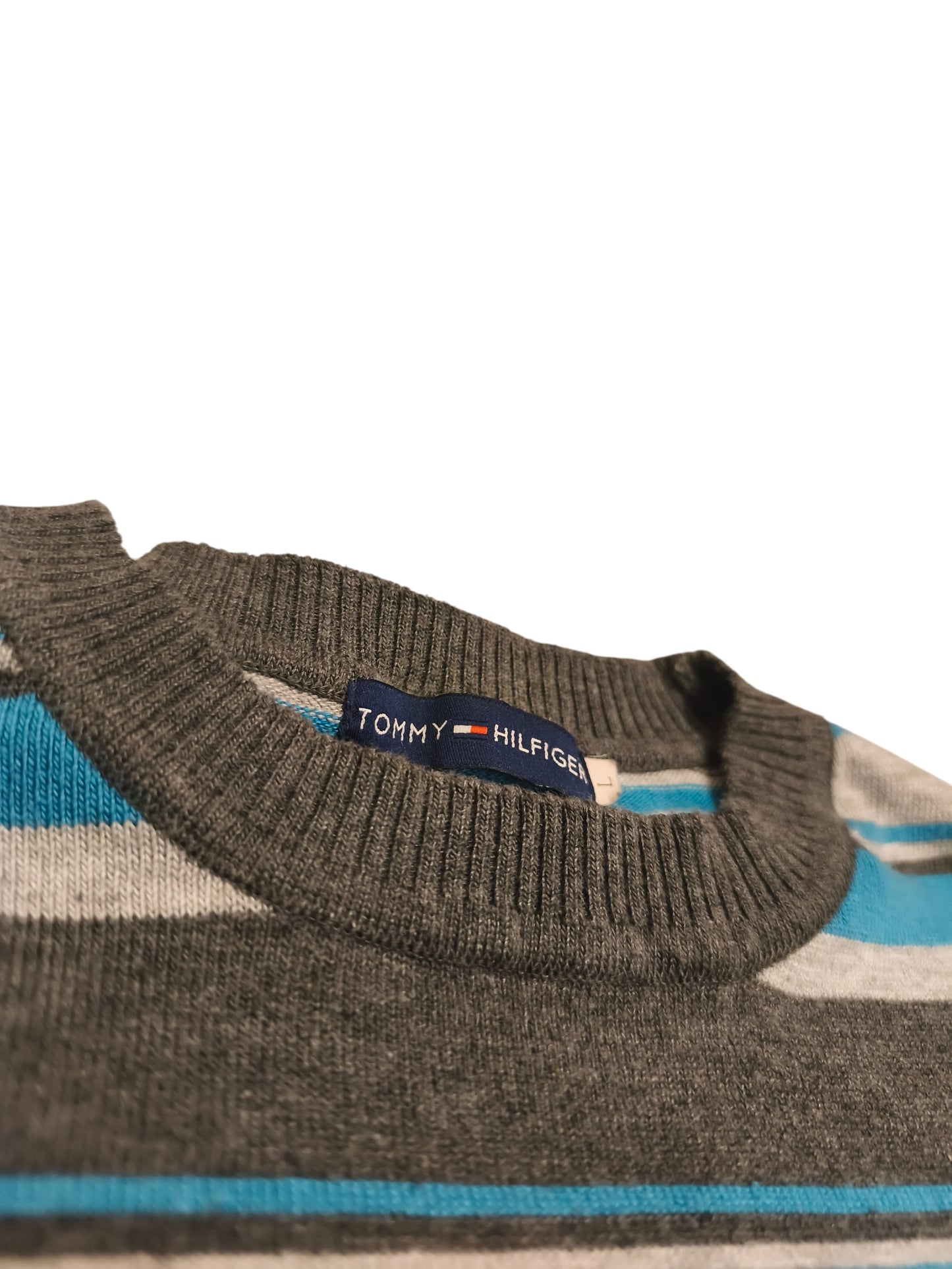 Tommy Hilfiger Men’s Striped Sweater Blue Gray Crew Neck Cotton Size L