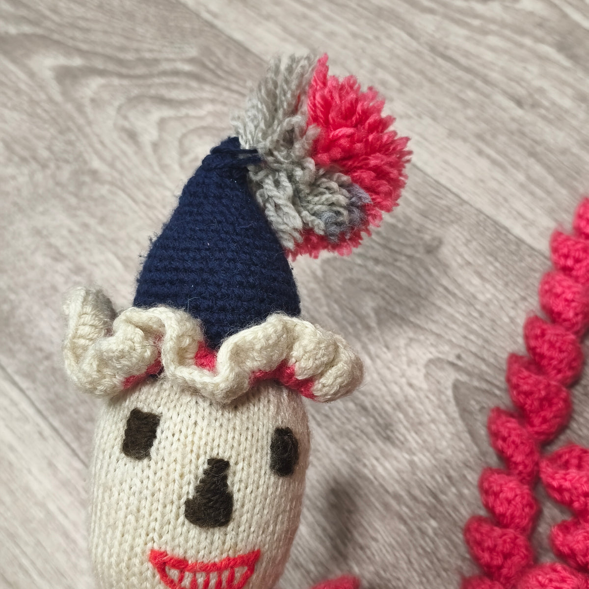 Handmade Knitted Crocheted Clown Doll Plush Curly Spiral Limbs Vintage Style