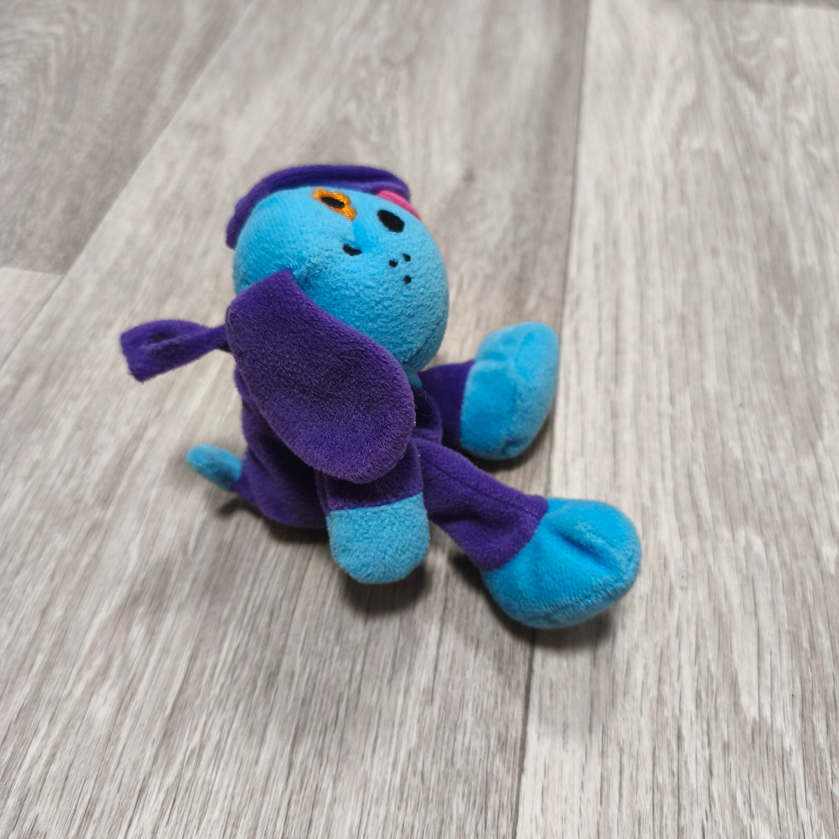 Blue Purple Dog Plush Stuffed Animal Toy Flower Eye Patch Hanging Loop Small