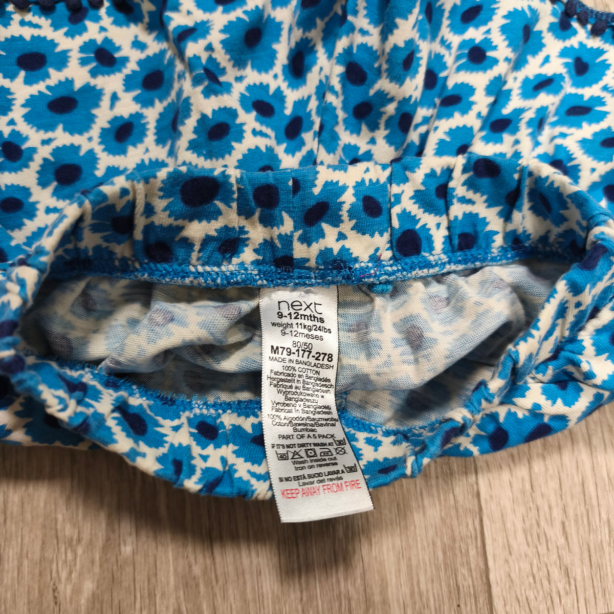 Next Baby Girls Blue Floral Shorts 9-12 Months Cotton Elastic Waist Pom Pom Trim