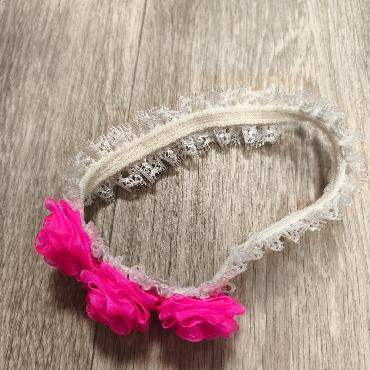 White Lace Stretch Headband Hot Pink Rosette Flowers Elastic Hair Band