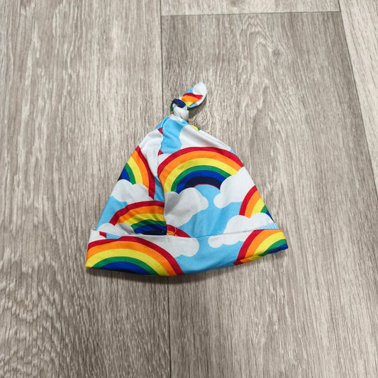 Newborn Baby Knotted Beanie Hat Rainbow Clouds Blue Top Knot
