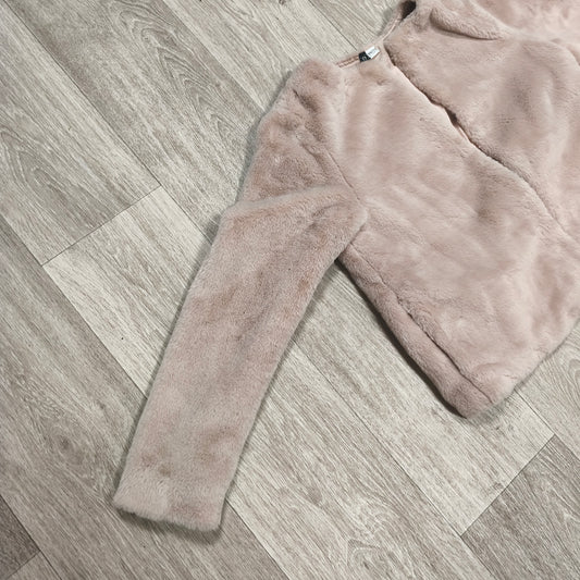 H&M Divided Women Faux Fur Jacket Size M Beige Pink Collarless Coat