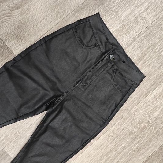 Women Black Faux Leather Pants High Waist Skinny Coated Trousers Stretch