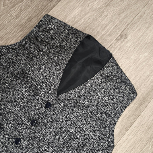 Silver Black Woven Patterned Formal Vest Waistcoat V-Neck Button Front