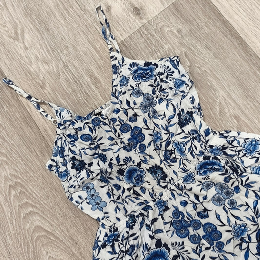 H&M Divided Floral Romper Sleeveless Blue White Spaghetti Strap Womens
