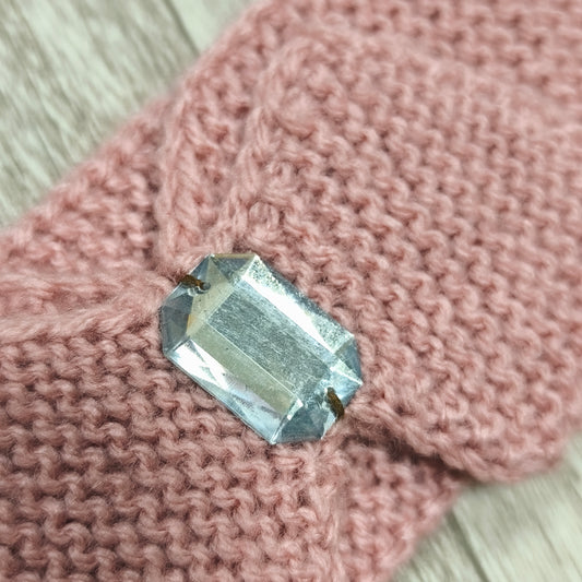 Women Pink Knit Headband Bow Rhinestone Ear Warmer Winter Headwrap Gem Stretch