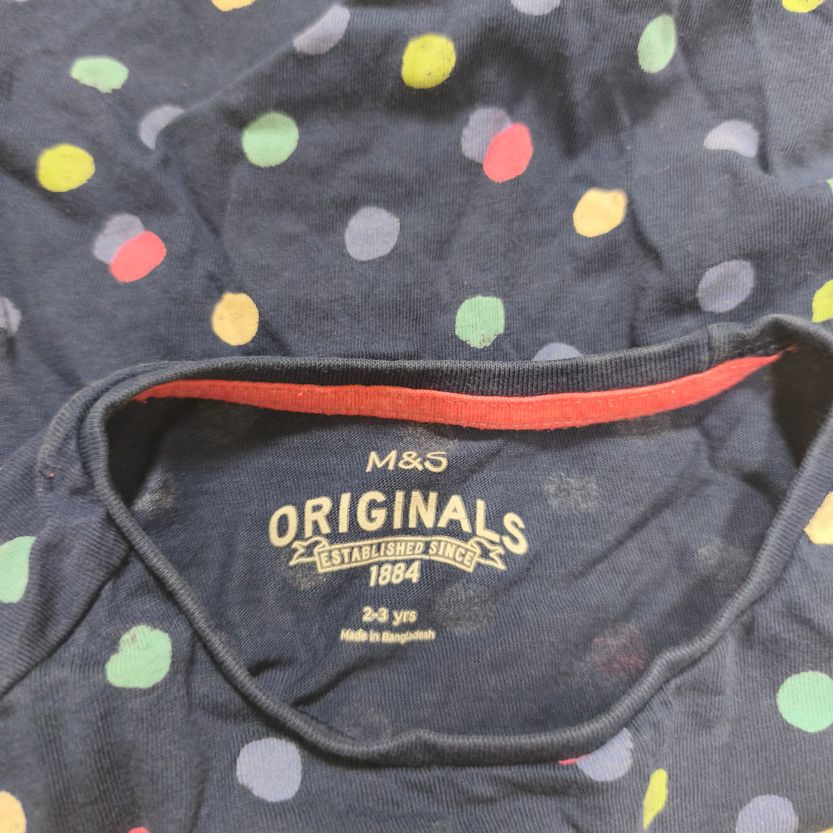 M&S Originals Girls Navy Blue Polka Dot Long Sleeve Top T-Shirt Size 2-3 Yrs