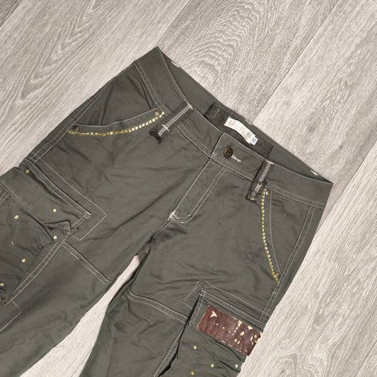 Y2K Cargo Pants Womens Size 30 Green Studded Rhinestone Low Rise Flare FAIR