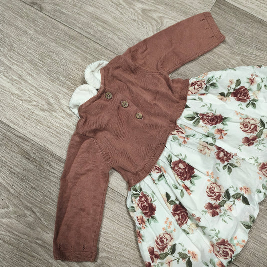 Tu Baby Girls Floral Dress Knit Top Long Sleeve Up To 1 Month 10lb Pink White