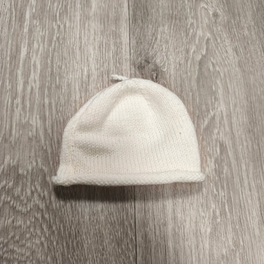 White Knit Baby Beanie Hat Rolled Brim Top Knot Newborn Infant Cap Soft
