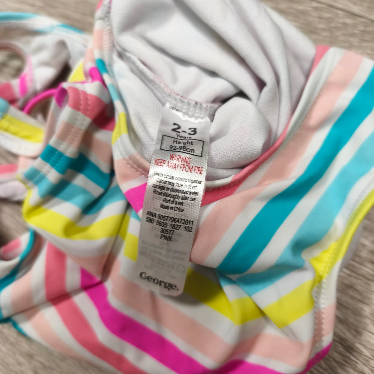 George Girls Rainbow Striped One Piece Swimsuit Swimwear Size 2-3 Yrs 92-98cm