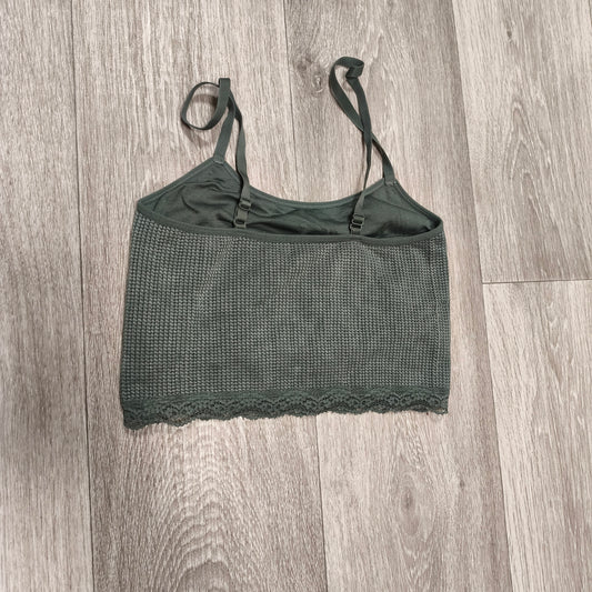 Primark Cares Womens XS Dark Green Waffle Knit Lace Trim Cami Bralette Crop Top