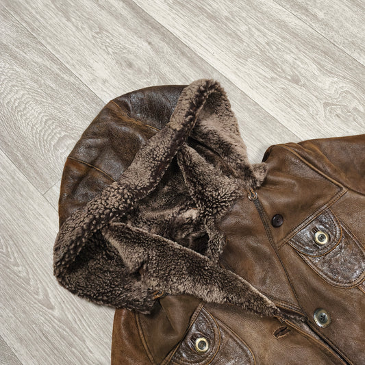 Vintage BISON Womens Sheepskin Shearling Coat Long Hooded Brown Size 36 S Boho