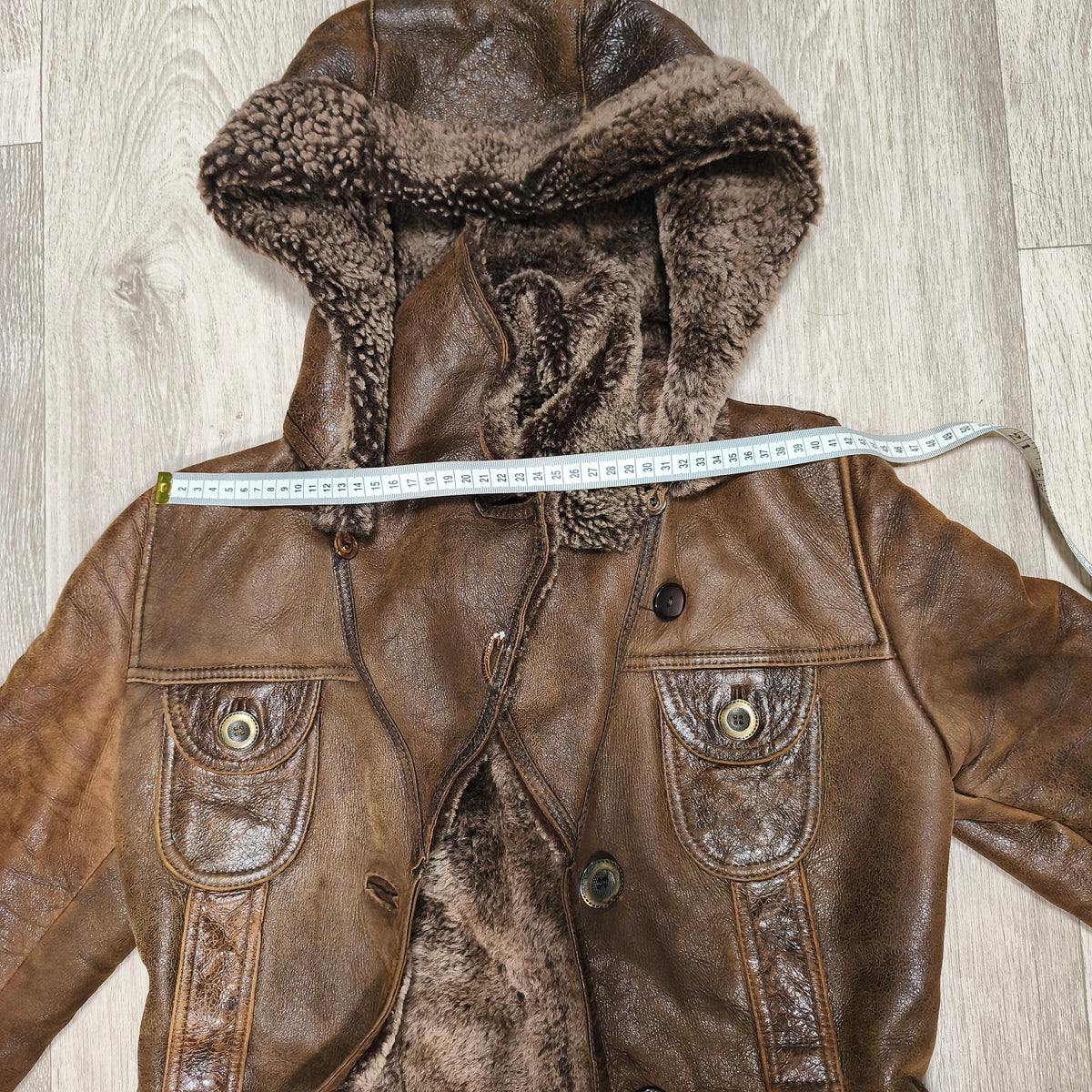 Vintage BISON Womens Sheepskin Shearling Coat Long Hooded Brown Size 36 S Boho