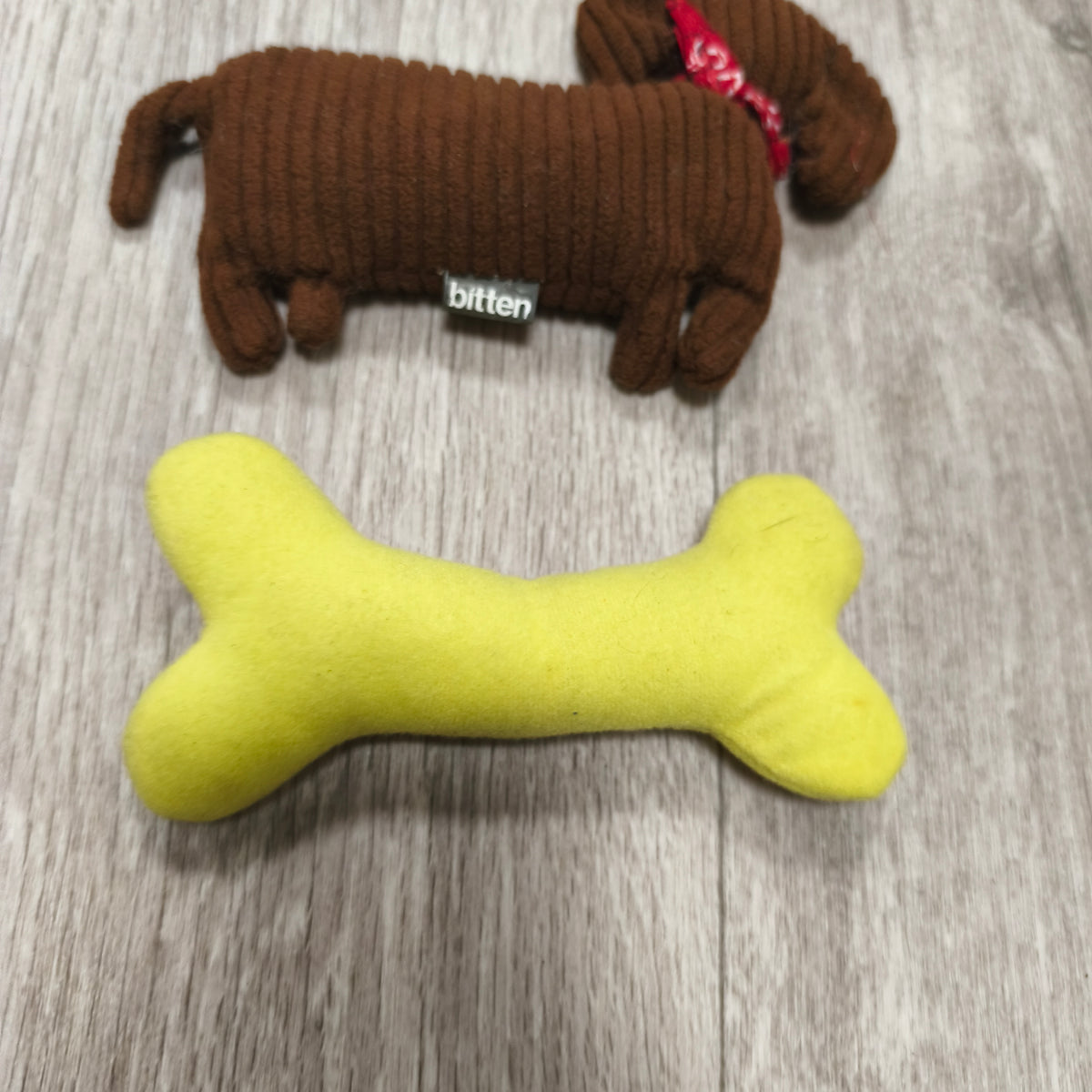 Lot 3 Baby Plush Toys Plush Dachshund Dog Squeaker Wooden Ring Rattle Yellow Bone