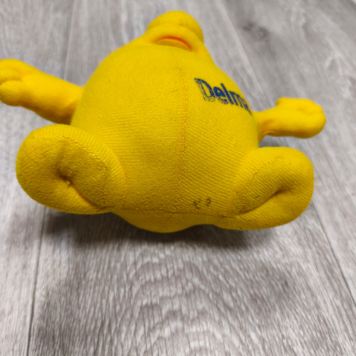Vintage Delma Yellow Mascot Character Plush Soft Toy Blue Winter Hat Rare