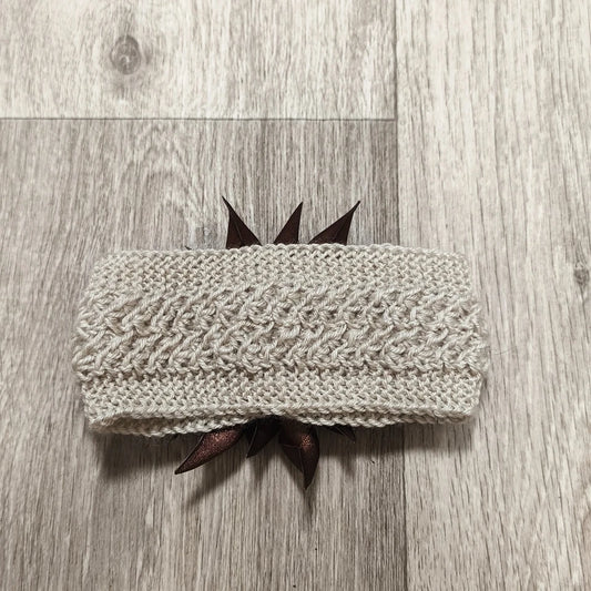 Handmade Knit Headband Beige Brown Satin Flower Rhinestone Ear Warmer