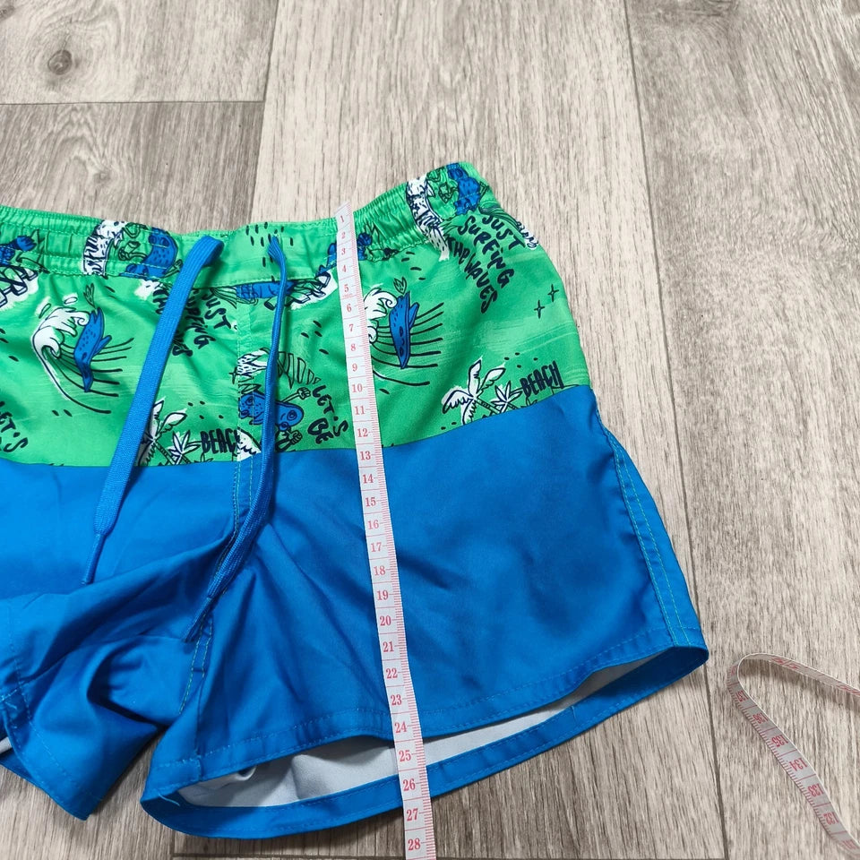 OLAIAN Swim Shorts Board Trunks Blue Green Surf Beach Graphic Drawstring