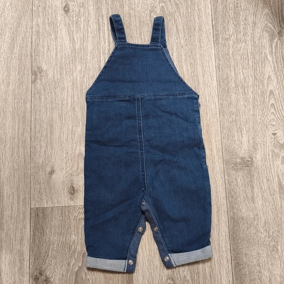 Next Baby Blue Denim Dungarees Overalls Dog Embroidery Snap Inseam 3-6 Months