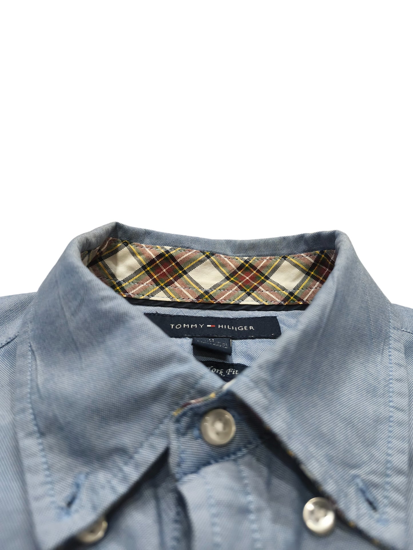 Tommy Hilfiger Shirt Mens Medium Blue Oxford Plaid Elbow Patches New York Fit