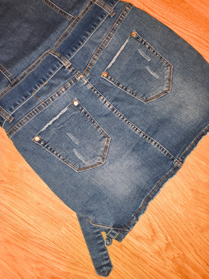 Original Denim Blue Denim Mini Dress – Distressed Detail with Belt, Size M/38