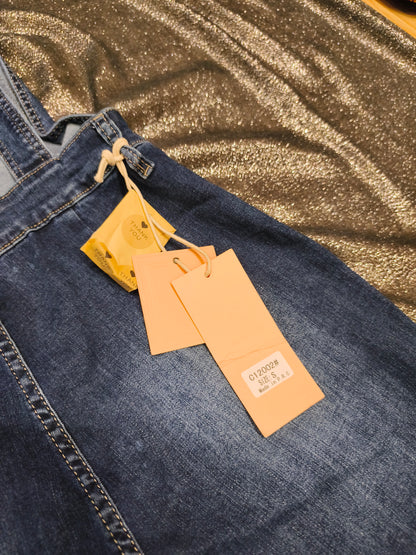 Mozzaar Forever Denim Overalls Jumpsuit Wide Leg Stretch Blue Bib Dungarees NWT
