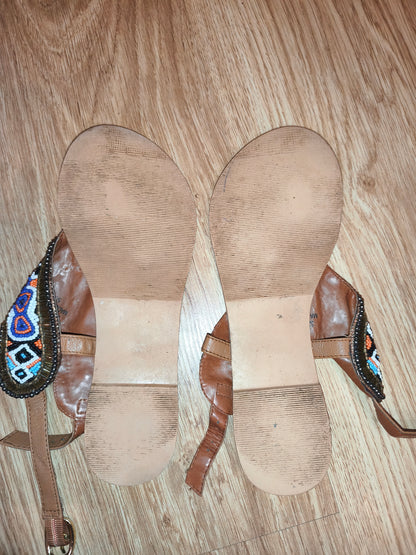 Women's Boho Vibrant Beaded Ankle-Strap Flat Sandals – Brown / Multicolor (Size EU 38 / UK 5)