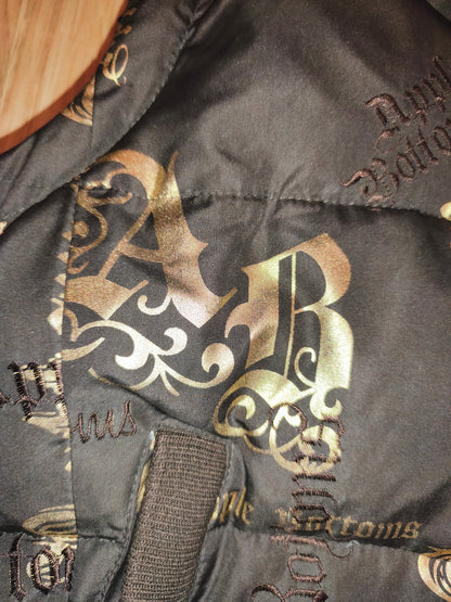 Rare VTG Apple Bottoms Real Down Puffer Vest Black Gold Satin McBling Hooded M