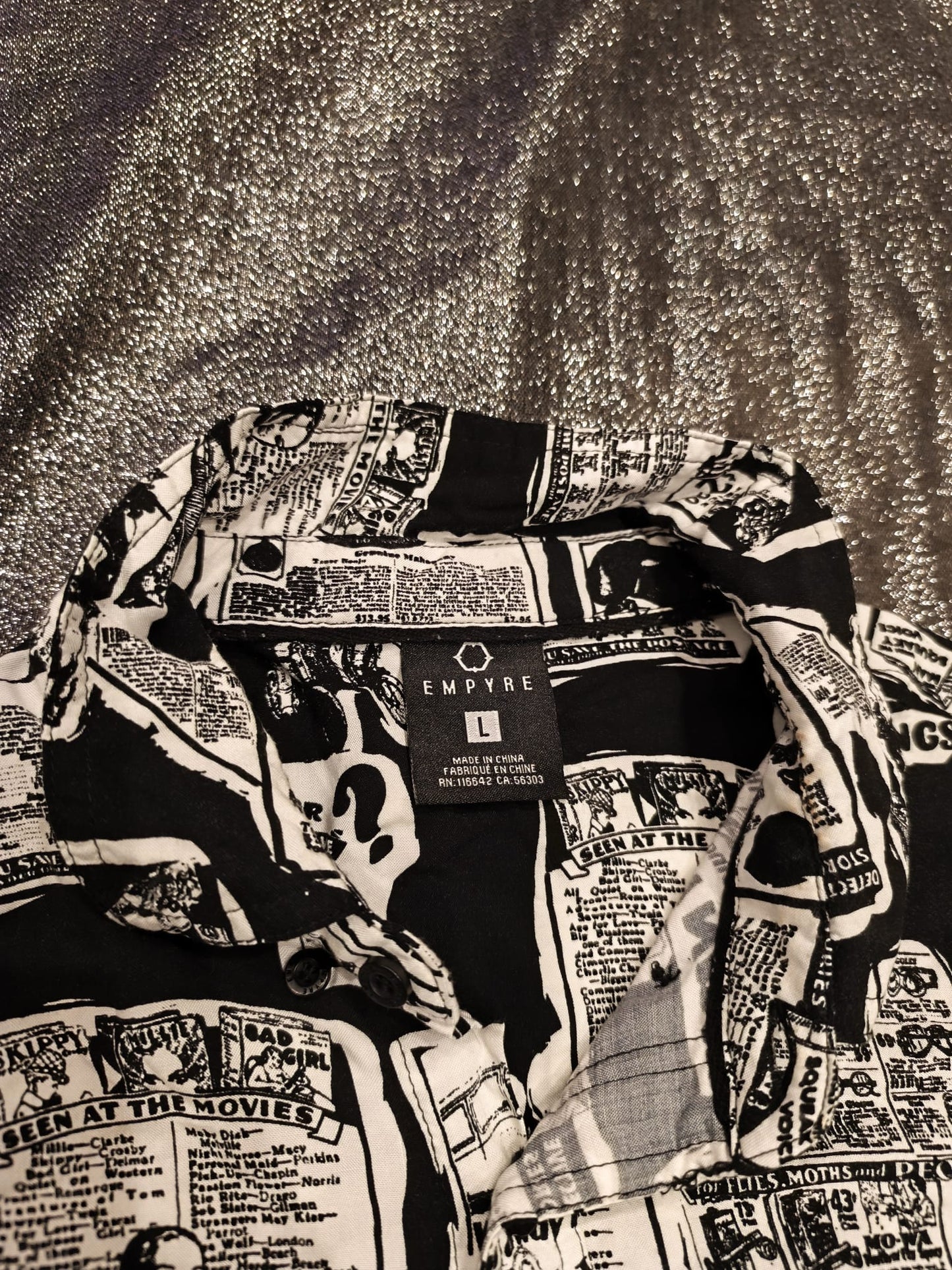 Empyre Men’s L Button Up Shirt Vintage Ad Newsprint Graphic Streetwear